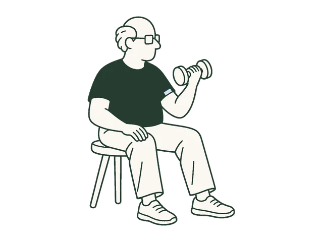 An older adult exercising with a small dumbbell.