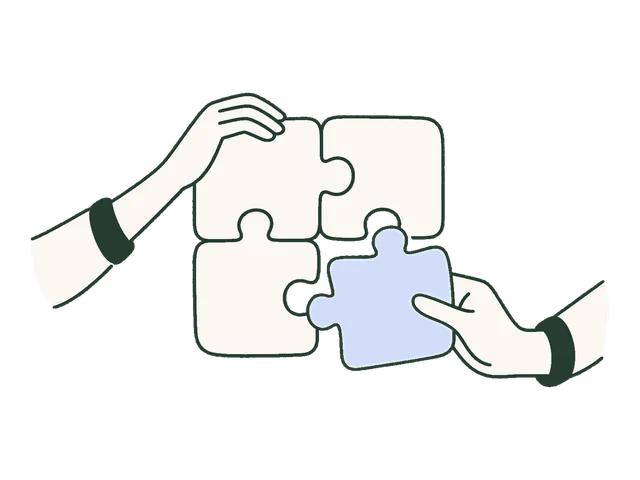 Helping hands bringing four puzzle pieces together, with one pale blue piece.