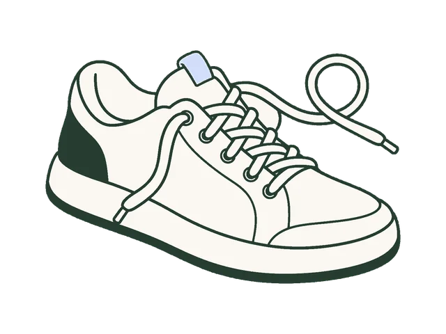 A comfortable walking shoe with a loosely curling lace.