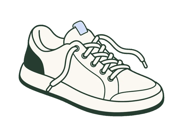 A comfortable walking shoe with a loosely curling lace.